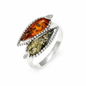 Ring Silber 925 rhodiniert Bernstein „Doppelblatt” - ein schöner Damenring aus 925er Silber mit echten Ostseebernsteinen.