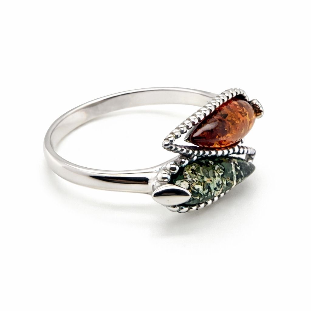 Ring-Silber-925-rhodiniert-Bernstein (3) Ring Silber 925 rhodiniert Bernstein „Doppelblatt” - ein schöner Damenring aus 925er Silber mit echten Ostseebernsteinen.