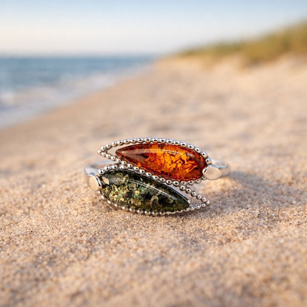 Ring-Silber-925-rhodiniert-Bernstein (5) Ring Silber 925 rhodiniert Bernstein „Doppelblatt” - ein schöner Damenring aus 925er Silber mit echten Ostseebernsteinen.