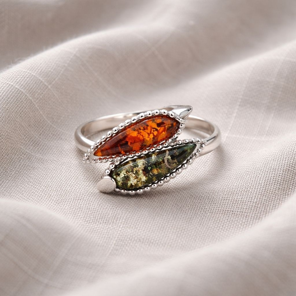 Ring-Silber-925-rhodiniert-Bernstein (6) Ring Silber 925 rhodiniert Bernstein „Doppelblatt” - ein schöner Damenring aus 925er Silber mit echten Ostseebernsteinen.