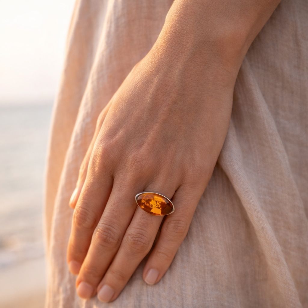 Ring Silber 925 rhodiniert Bernstein Kern (6) Eleganter Ring Silber 925 rhodiniert mit einem ovalen, cognacfarbenen Ostseebernstein - ein eleganter Silberring mit Bernstein