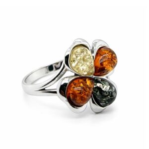 Silber Ring 925 Bernstein - Buntes Kleeblatt mit vier verschiedenfarbigen Bernsteinen in 925 Silber rhodiniert.