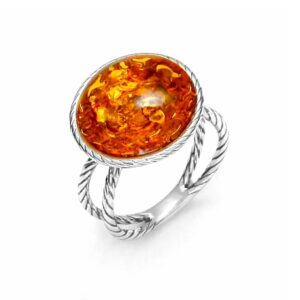 Ring Silber 925 rhodiniert Bernstein Geflecht - Ring mit geflochtener Ringschiene und rundem cognacfarbenem Bernstein.