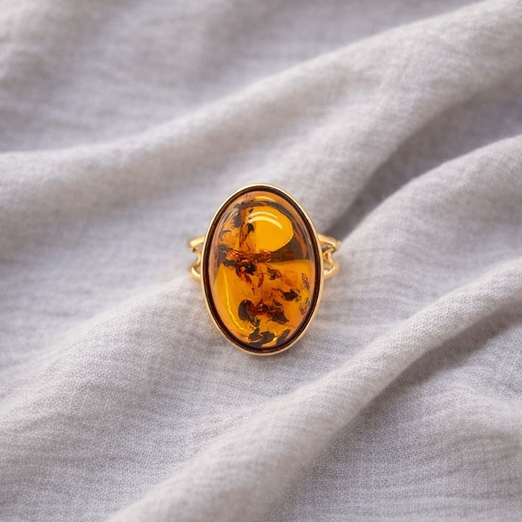 ring-silber-925-vergoldet-bernstein-goldlicht-5 Bernstein Ring Silber vergoldet 24 Karat Modell Goldlicht mit großem ovalem Bernstein.