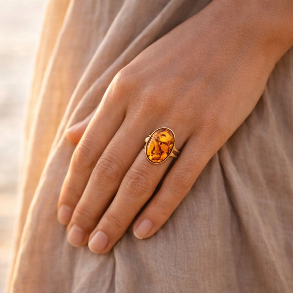 ring-silber-925-vergoldet-bernstein-goldlicht-7 Bernstein Ring Silber vergoldet 24 Karat Modell Goldlicht mit großem ovalem Bernstein.