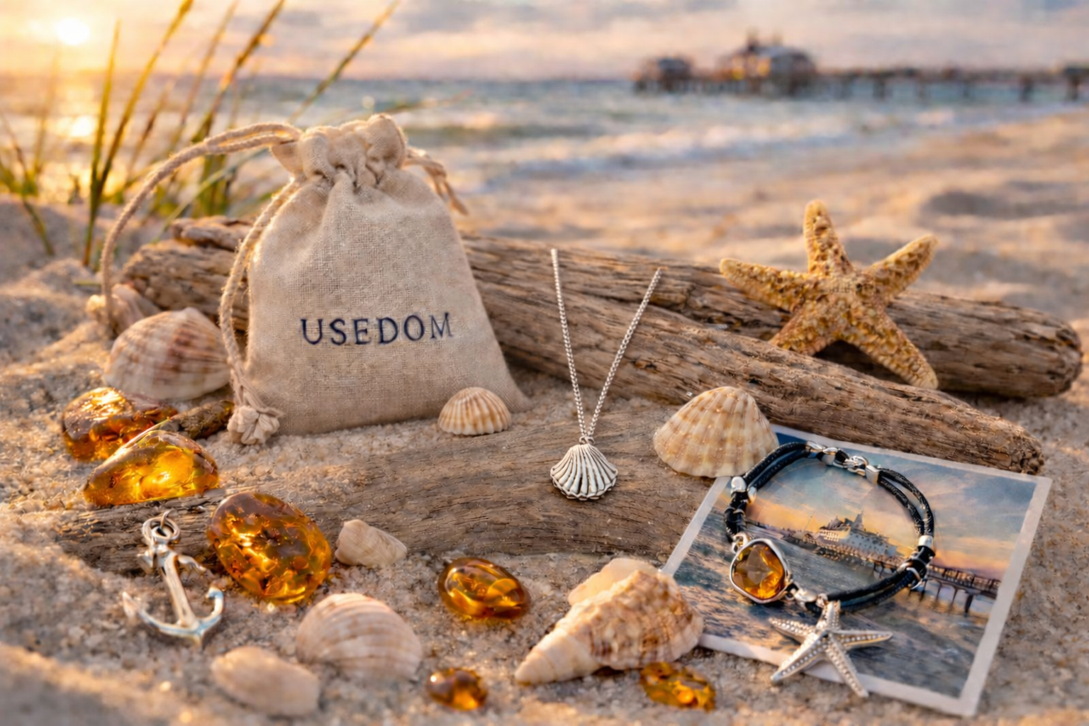 Muscheln, Ostseebernstein und Silberschmuck als Souvenir von der Ostsee