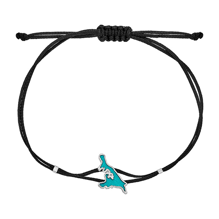 Armband Silber 925 Usedom Insel „Meeresblick” mit türkisfarbenem Insel-Umriss am Satinband; Usedom Souvenir und Geschenk