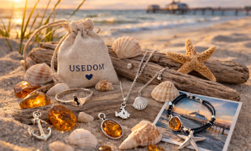 Muscheln, Ostseebernstein und Silberschmuck als Souvenir von der Ostsee