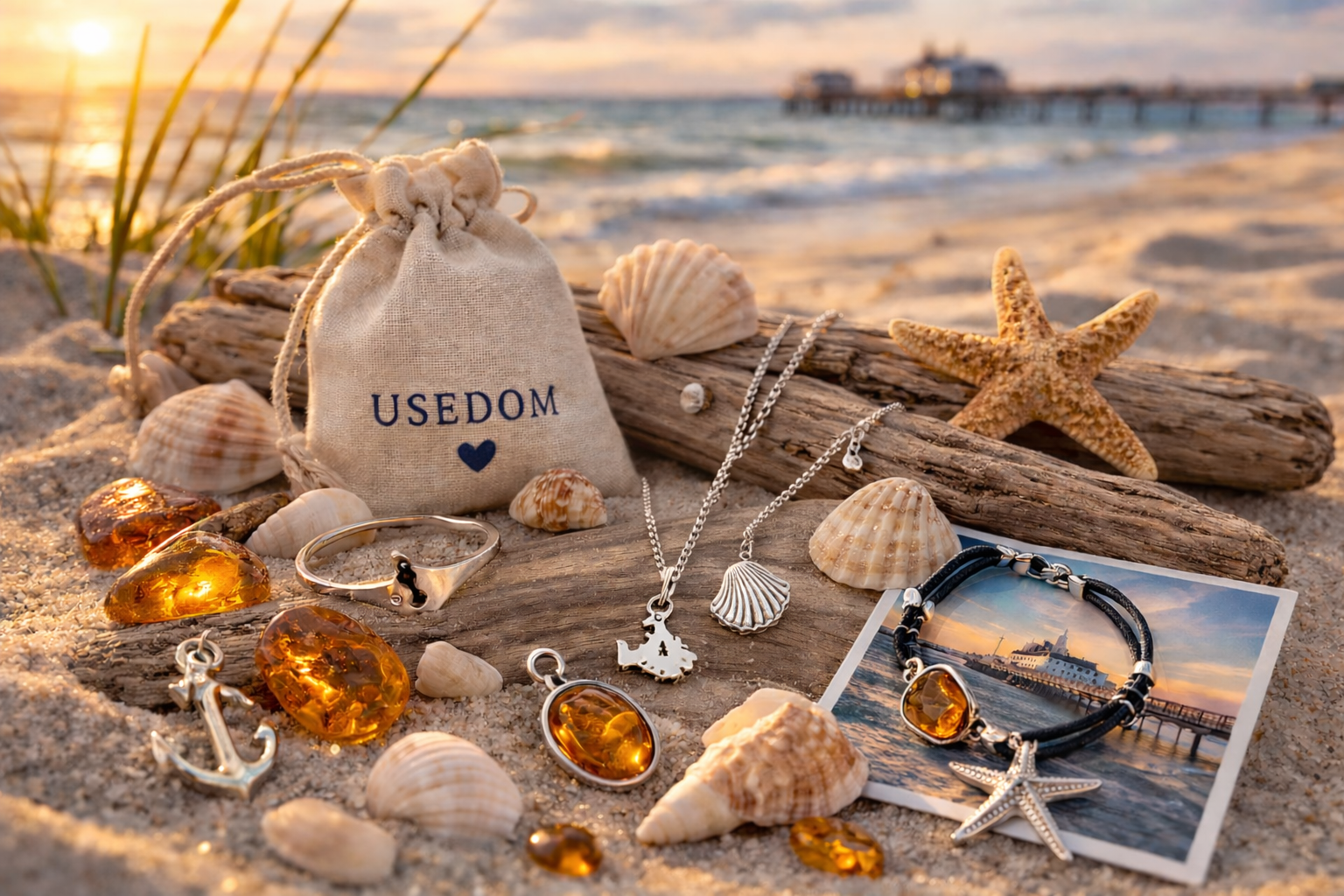 Muscheln, Ostseebernstein und Silberschmuck als Souvenir von der Ostsee