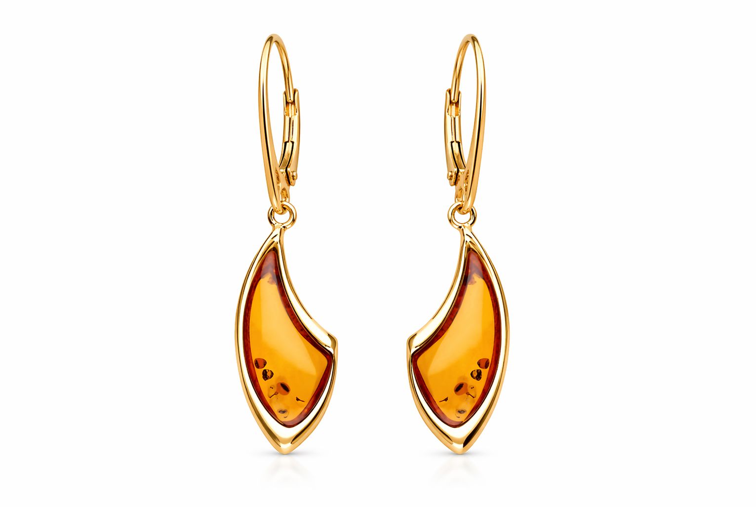 Elegante Bernstein Ohrringe in vergoldetem Silber Bernstein Ohrhänger Silber 925 24k vergoldet Cognac „Meeresflamme“, geschwungene vergoldete Bernsteinohrringe mit Klappbrisur.
