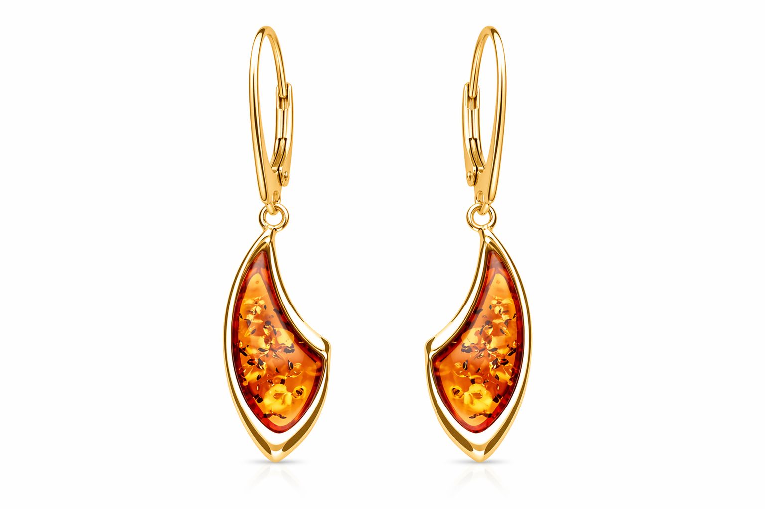 Elegante Bernstein Ohrringe in vergoldetem Silber Bernstein Ohrhänger Silber 925 24k vergoldet Cognac „Meeresflamme“, geschwungene vergoldete Bernsteinohrringe mit Klappbrisur.