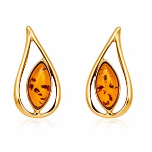 Bernstein Ohrstecker Silber 925 vergoldet Flamme Cognac