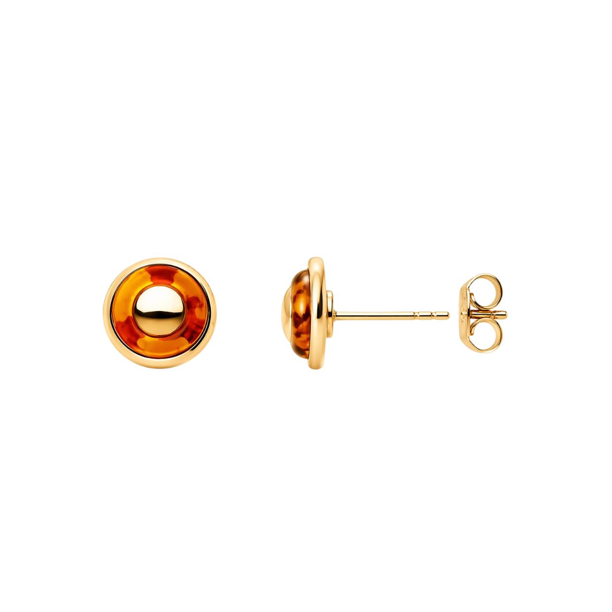 Moderner Bernsteinschmuck inspiriert von Lichtreflexen der Ostsee Bernstein Ohrstecker Silber 925 vergoldet „Ostseeauge“ Cognac, runde vergoldete Bernsteinohrringe.