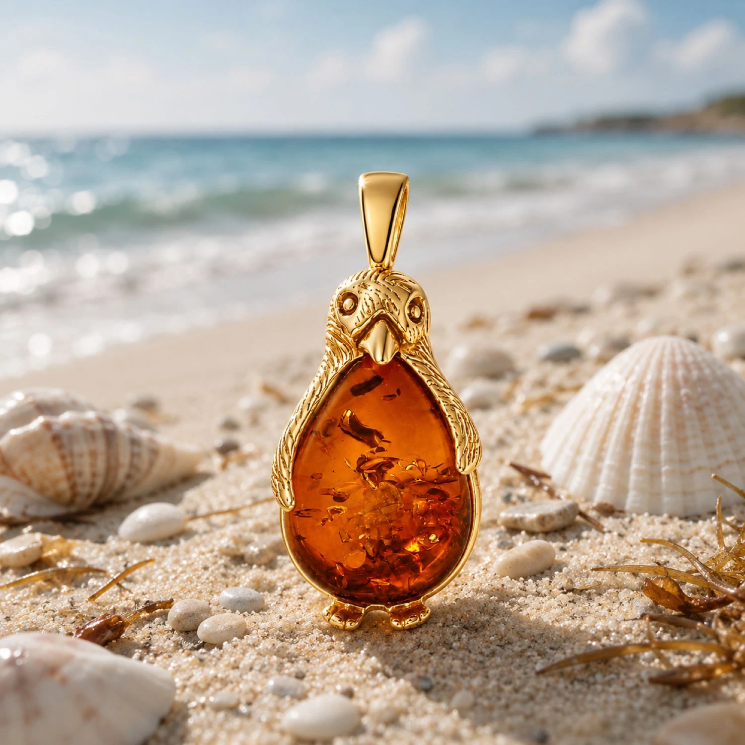 bernstein-anhaenger-pinguin-cognac-silber-vergoldet-P523CZ-meer Maritimer Bernstein Anhänger Silber 925 24k vergoldet Pinguin Cognac mit echtem Ostsee-Bernstein; Vergoldeter Pinguin Anhänger als ein maritimes Geschenk für Frauen