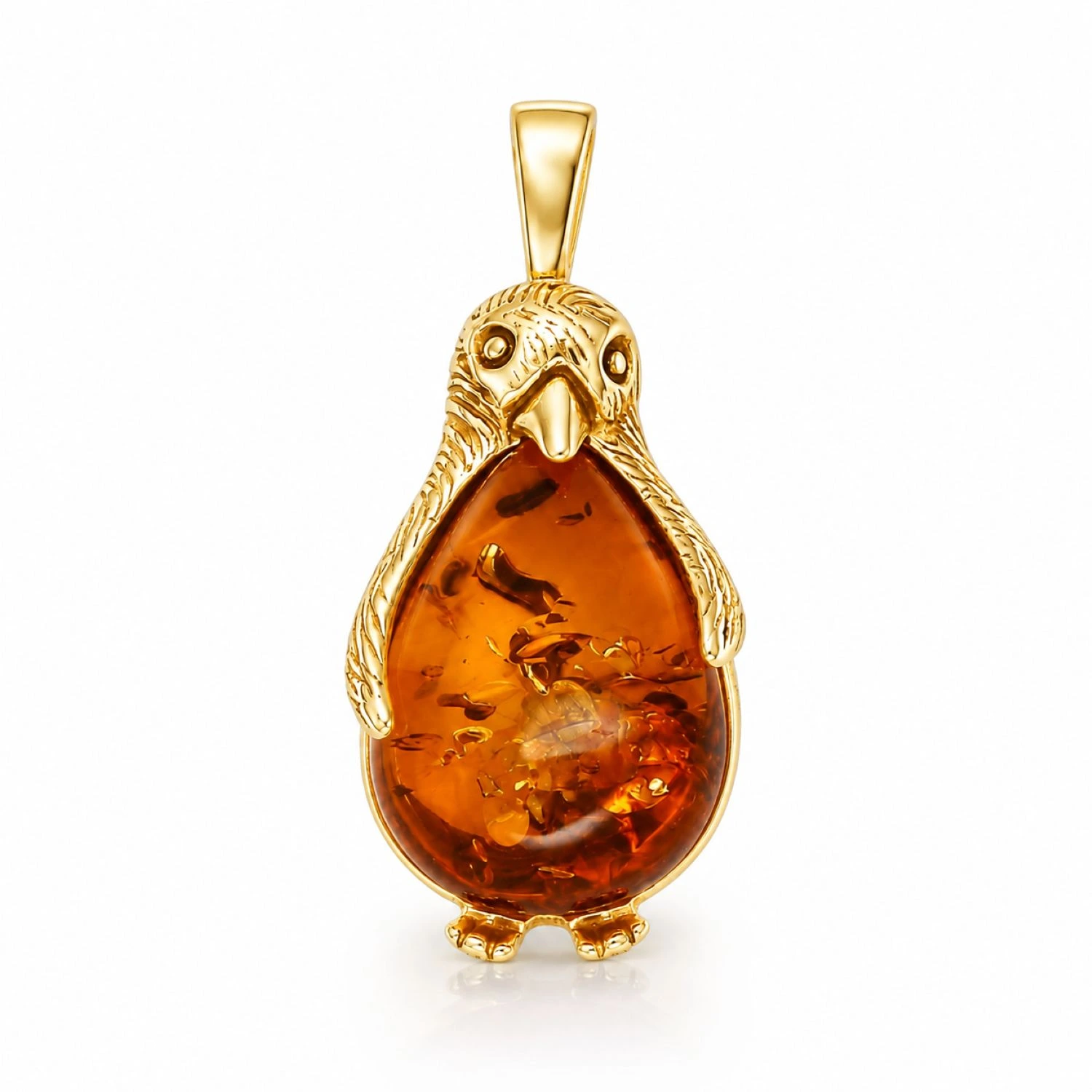 bernstein-anhaenger-pinguin-cognac-silber-vergoldet-P523CZ-packshot Maritimer Bernstein Anhänger Silber 925 24k vergoldet Pinguin Cognac mit echtem Ostsee-Bernstein; Vergoldeter Pinguin Anhänger als ein maritimes Geschenk für Frauen