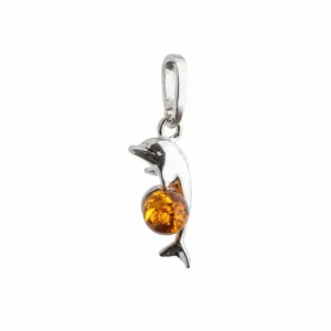 Eleganter Bernstein Anhänger Silber 925 Delfin mit Kugel Cognac und Bernsteinkugel aus Ostsee-Bernstein; Ostsee Schmuck; maritimer Kettenanhänger Delfin