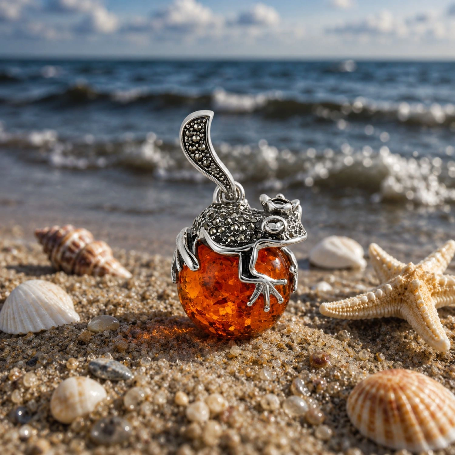 bernstein-anhaenger-silber-frosch-cognac-P544C-meer Maritimer Bernstein Anhänger Silber 925 Frosch Cognac mit echtem baltischem Bernstein und filigranem Froschmotiv; Silber Anhänger Frosch als maritimes Geschenk für Damen
