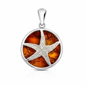 Maritimer Bernstein Anhänger Silber 925 Meeresstern Cognac mit echtem Ostsee-Bernstein; Ostsee Schmuck für jeden Anlass; Eleganter Seestern Anhänger aus Silber und Bernstein