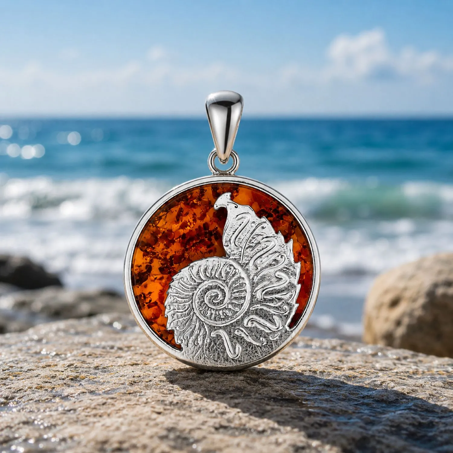 bernstein-anhaenger-silber-ostseeschnecke-P723MC-cognac-meer Maritimer Bernstein Anhänger Silber 925 Ostseeschnecke Cognac aus echtem baltischem Bernstein; Ostsee Schmuck für Damen und Herren; Eleganter Bernstein Schnecke Kettenanhänger