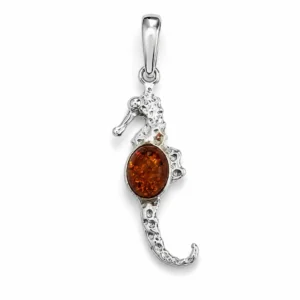 Maritimer Bernstein Anhänger Silber 925 Seepferdchen Cognac aus echtem baltischem Bernstein; Ostsee Schmuck für jeden Anlass; Eleganter Silberanhänger Seepferdchen