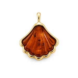 Maritimer Bernstein Anhänger Silber 925 vergoldet Jakobsmuschel Cognac mit echtem Ostseebernstein aus der Kollektion Meeresleben; Schmuck mit Muschel Motiv