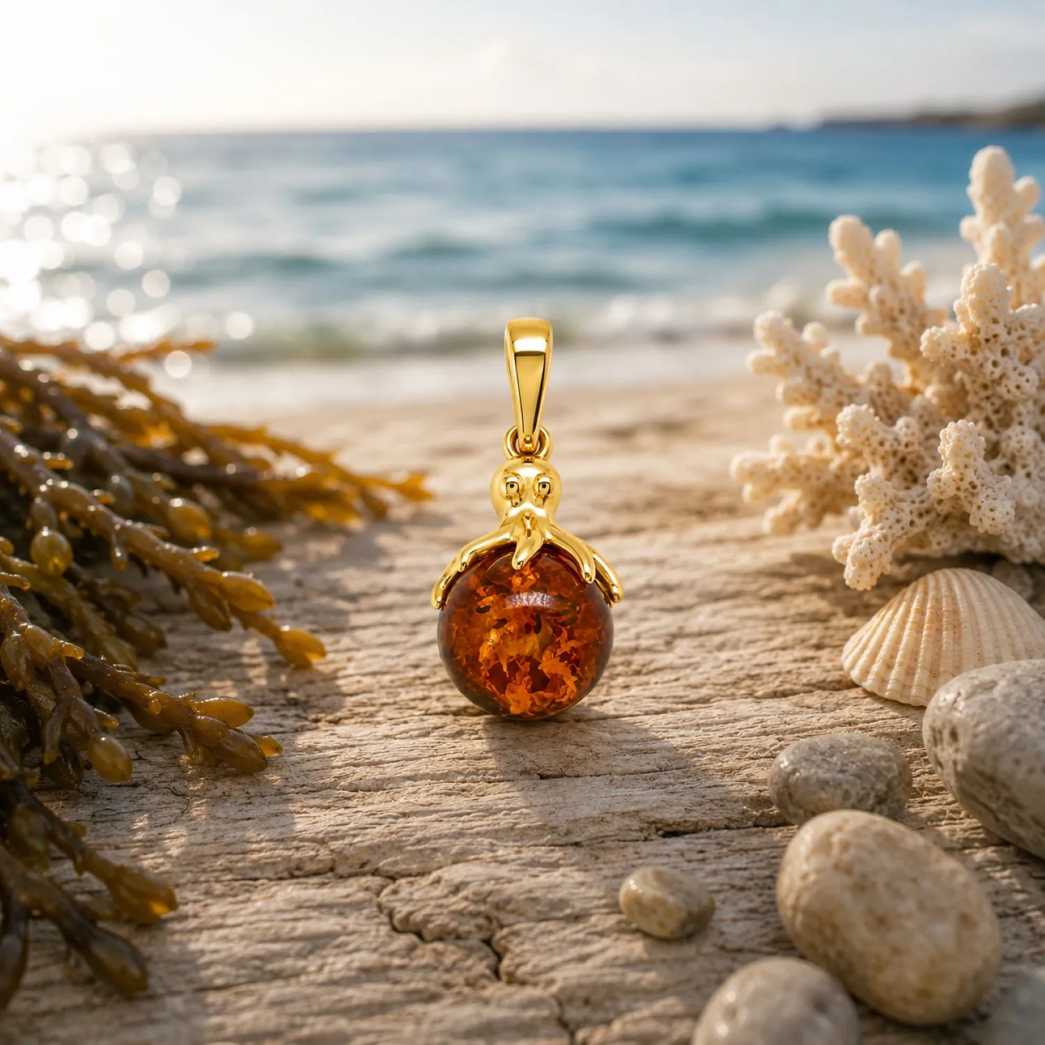 bernstein-anhaenger-silber-vergoldet-oktopusperle-cognac-P750CZ-meer Eleganter Bernstein Anhänger Silber 925 vergoldet Oktopusperle Cognac mit echtem Ostsee-Bernstein aus der Kollektion Meeresleben; maritimer Anhänger mit Oktopusperle