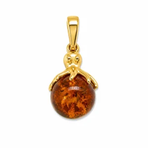Eleganter Bernstein Anhänger Silber 925 vergoldet Oktopusperle Cognac mit echtem Ostsee-Bernstein aus der Kollektion Meeresleben; maritimer Anhänger mit Oktopusperle; Schmuck mit Oktopus Motiv