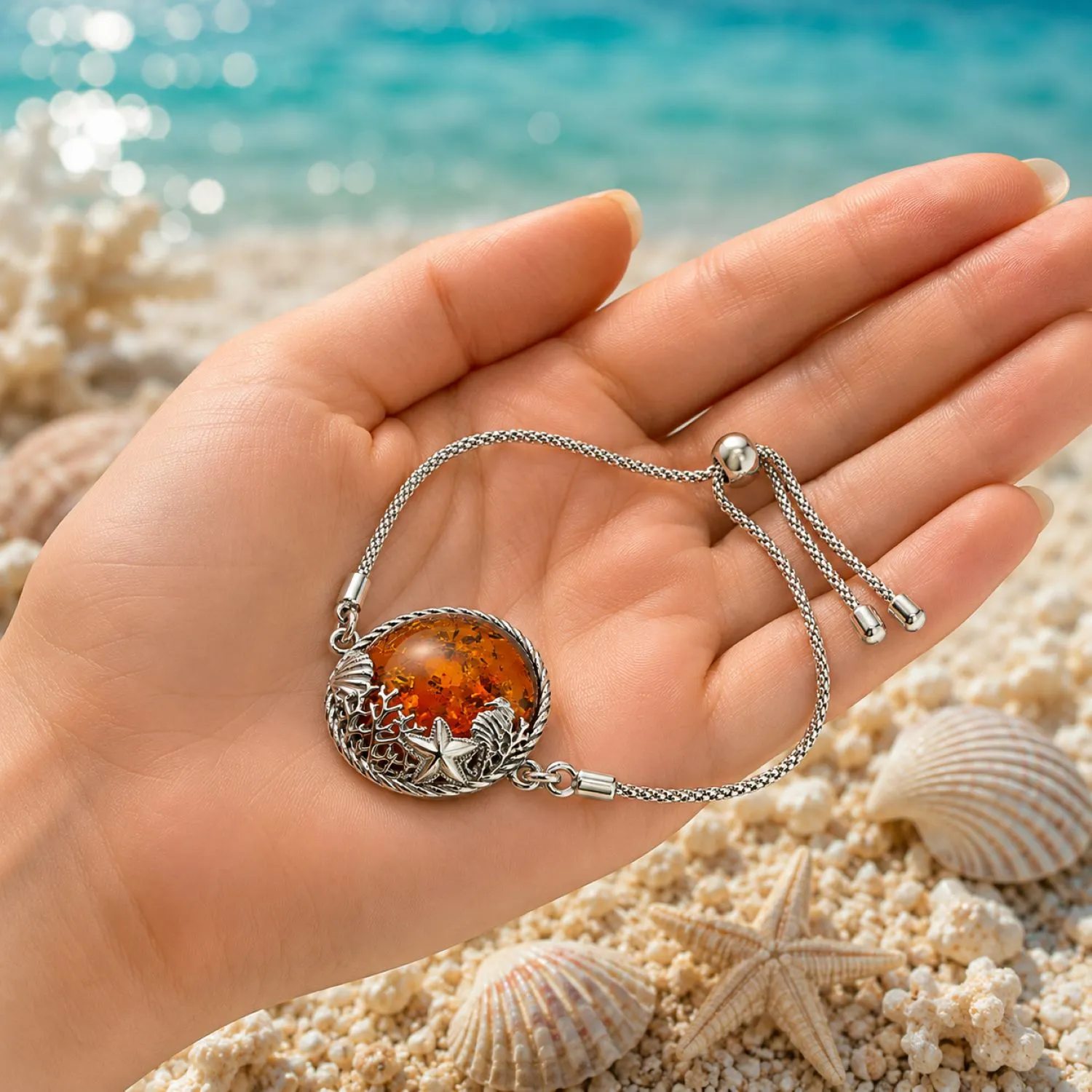 bernstein-armband-silber-925-meeresleben-cognac-B802C-hand Bernstein Armband Silber 925 Meeresleben Cognac mit Seestern Muschel und Koralle; Bernstein Meereswelt Armband; Ostsee Schmuck