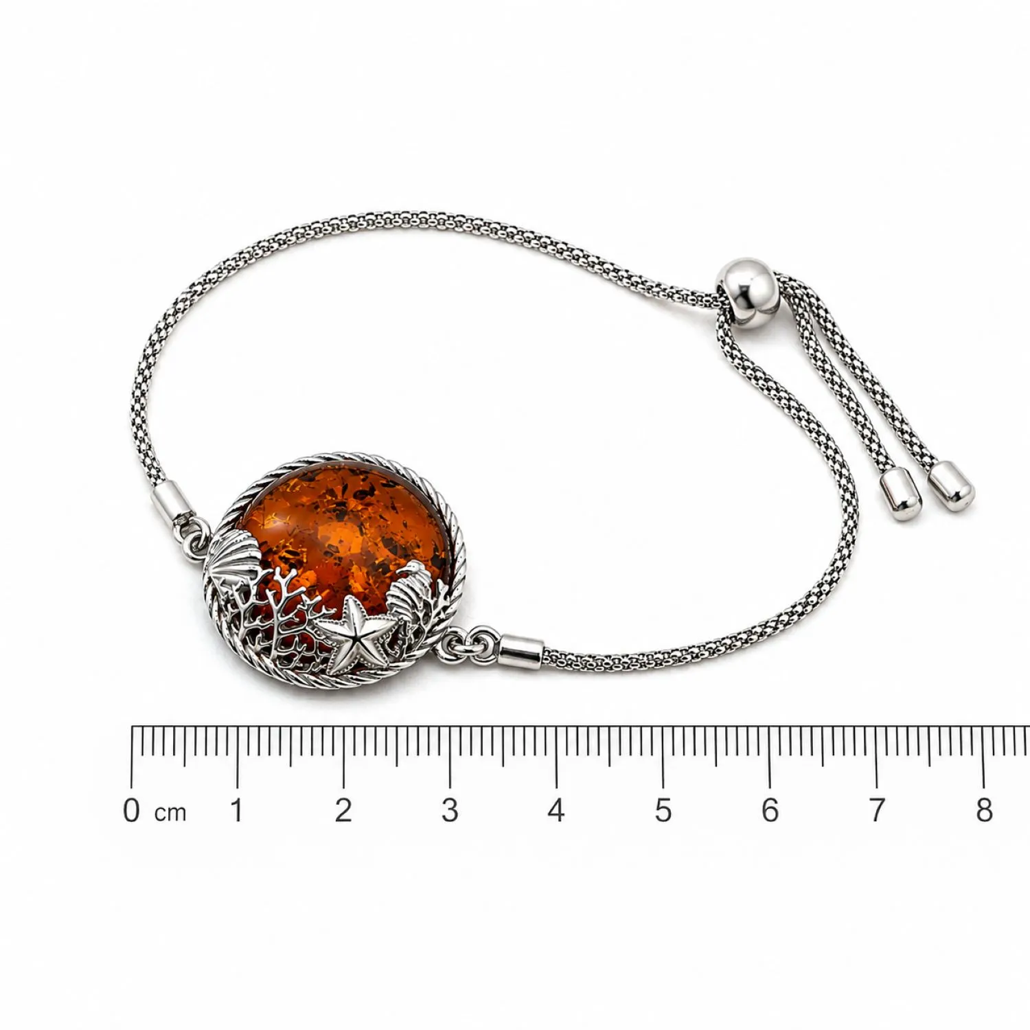 bernstein-armband-silber-925-meeresleben-cognac-B802C-linial Bernstein Armband Silber 925 Meeresleben Cognac mit Seestern Muschel und Koralle; Bernstein Meereswelt Armband; Ostsee Schmuck