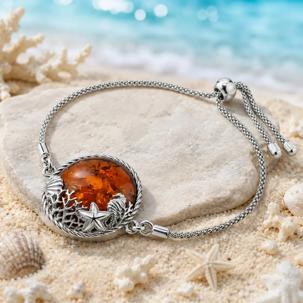 Bernstein Armband Silber 925 Meeresleben Cognac mit Seestern Muschel und Koralle; Bernstein Meereswelt Armband; Ostsee Schmuck