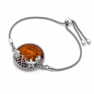 Bernstein Armband Silber 925 Meeresleben Cognac mit Seestern Muschel und Koralle; Bernstein Meereswelt Armband; Ostsee Schmuck