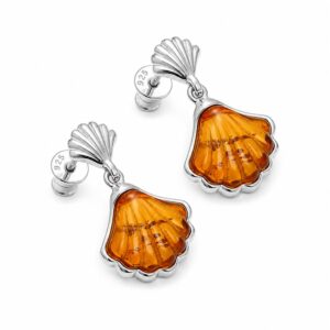 Maritime Bernstein Ohrhänger Silber 925 Jakobsmuschel Cognac; eleganter Schmuck mit Muschel Motiv; maritime Ohrringe mit Ostsee-Bernstein