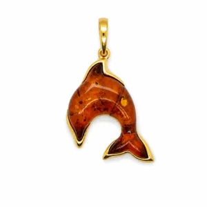 Eleganter Bernstein Anhänger Silber 925 vergoldet Delfin Cognac mit echtem Ostsee-Bernstein aus der Kollektion Meeresleben; maritimer Schmuck mit Delfin Motiv