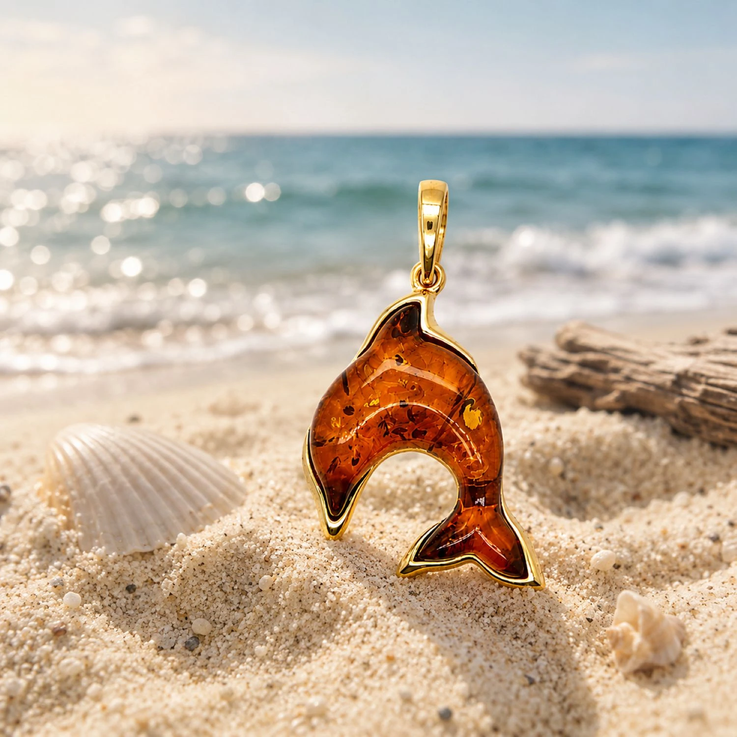 delfin-anhaenger-silber-vergoldet-bernstein-cognac-P920CZ-hintergrund Eleganter Bernstein Anhänger Silber 925 vergoldet Delfin Cognac mit echtem Ostsee-Bernstein aus der Kollektion Meeresleben; maritimer Schmuck mit Delfin Motiv