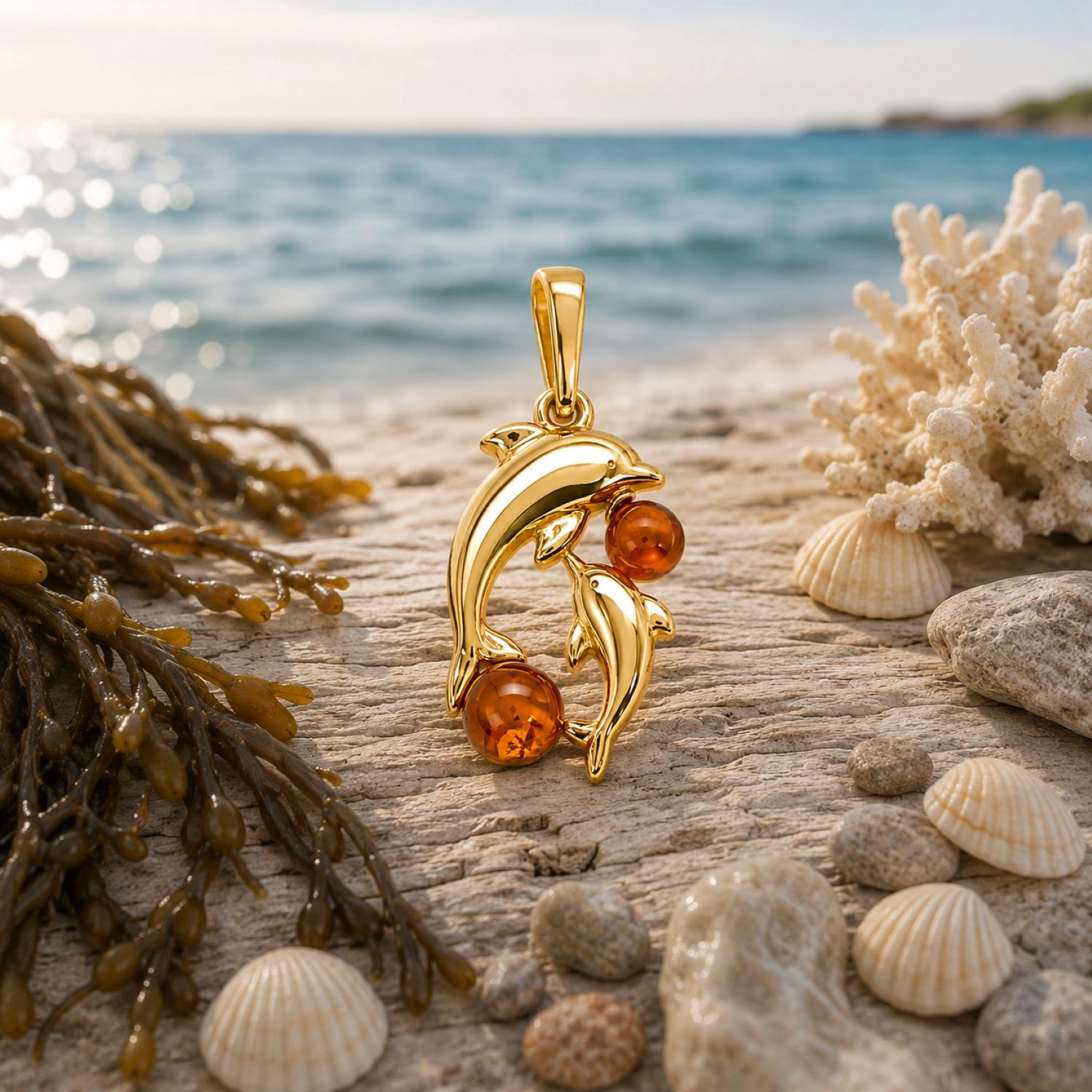 delfinpaar-anhaenger-silber-vergoldet-bernstein-cognac-P658CZ-packshot-hintergrund Eleganter Bernstein Anhänger Silber 925 vergoldet Delfinpaar Cognac mit echtem Ostsee-Bernstein aus der Kollektion Meeresleben; maritimer Anhänger mit Delfinen; schöner Schmuck mit Delfin Motiv