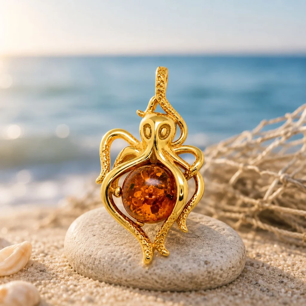 Eleganter Bernstein Anhänger Silber 925 vergoldet Oktopus Cognac mit echtem baltischem Bernstein; Krake Bernstein Anhänger vergoldet; Ostsee Souvenir