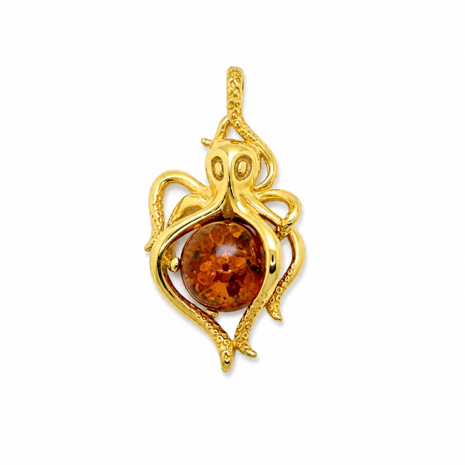 oktopus-anhaenger-silber-vergoldet-bernstein-cognac-P92CZ-packshot Eleganter Bernstein Anhänger Silber 925 vergoldet Oktopus Cognac mit echtem baltischem Bernstein; Krake Bernstein Anhänger vergoldet; Ostsee Souvenir