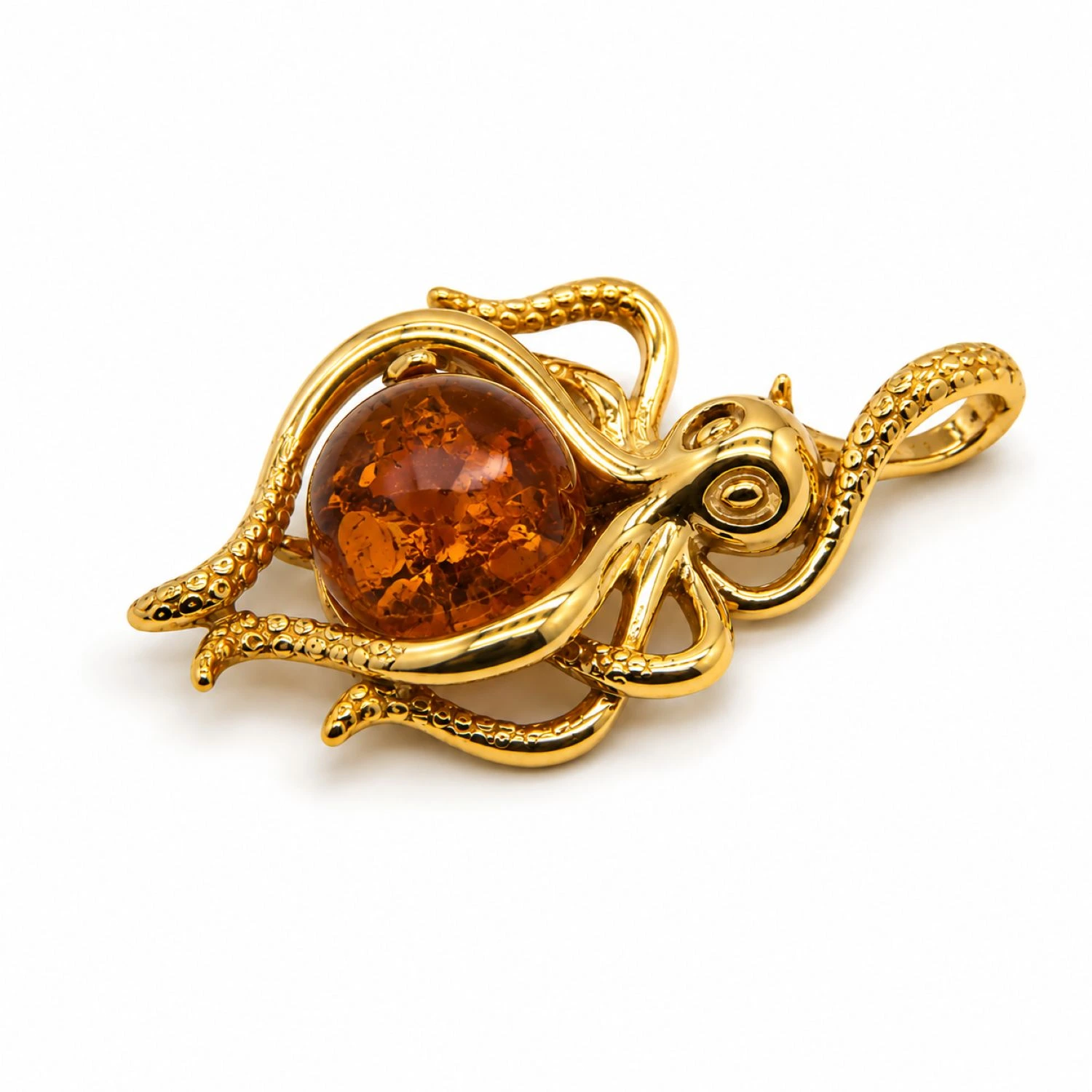 oktopus-anhaenger-silber-vergoldet-bernstein-cognac-P92CZ-packshot1 Eleganter Bernstein Anhänger Silber 925 vergoldet Oktopus Cognac mit echtem baltischem Bernstein; Krake Bernstein Anhänger vergoldet; Ostsee Souvenir
