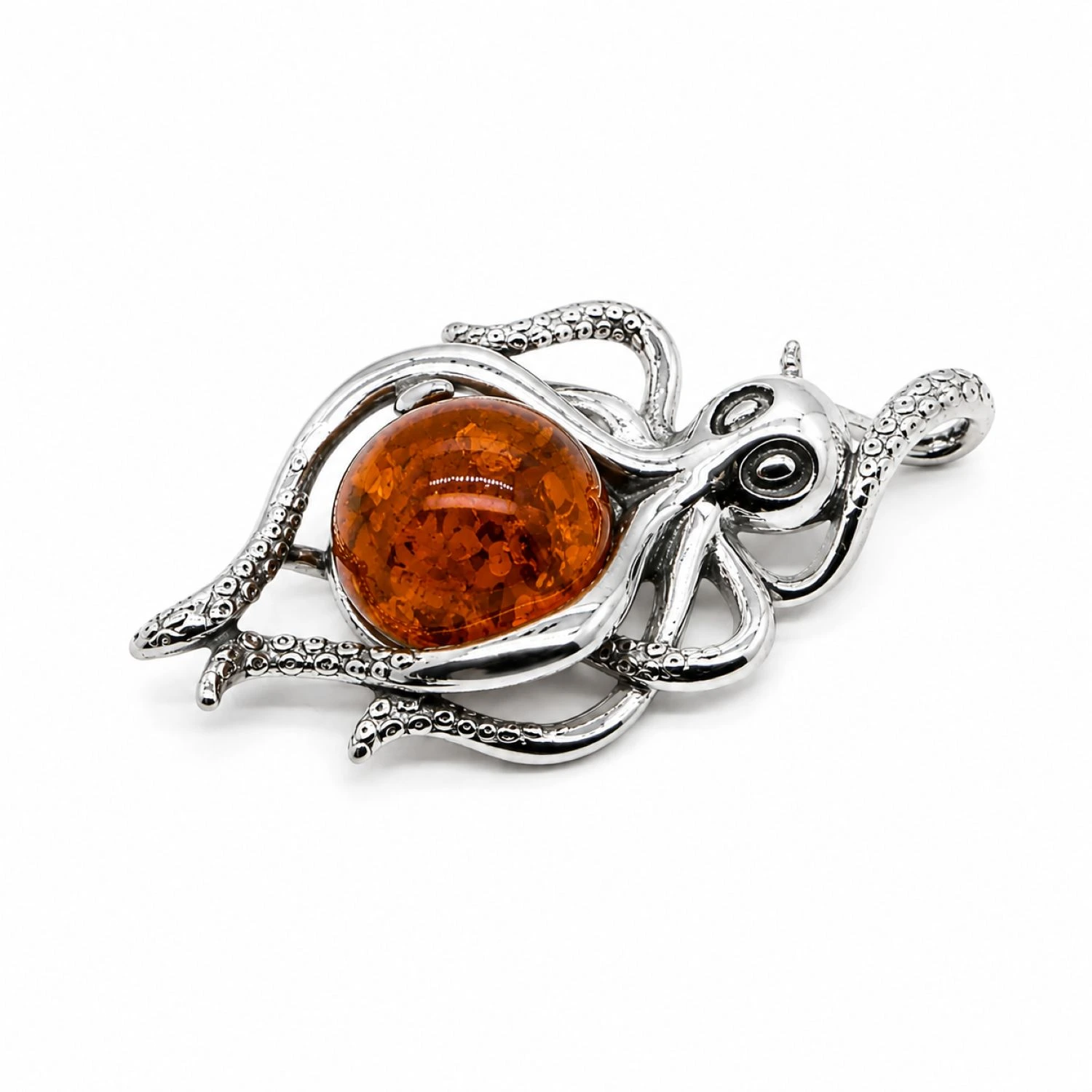 oktopusperle-anhaenger-silber-bernstein-cognac-P92C-packshot1 Eleganter Bernstein Anhänger Silber 925 Oktopus Cognac mit echtem baltischem Bernstein; Ostsee Souvenir