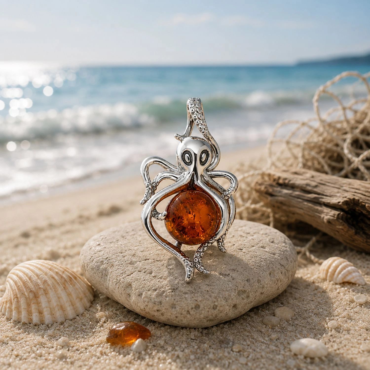 oktopusperle-anhaenger-silber-bernstein-cognac-P92CZ-meer Eleganter Bernstein Anhänger Silber 925 Oktopus Cognac mit echtem baltischem Bernstein; Ostsee Souvenir