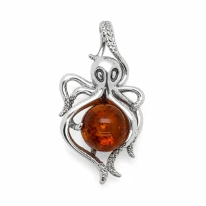 Eleganter Bernstein Anhänger Silber 925 Oktopus Cognac mit echtem baltischem Bernstein; Ostsee Souvenir