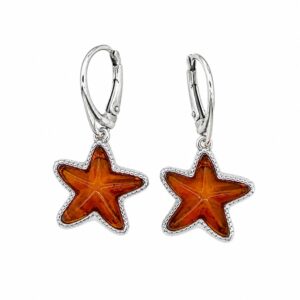 Ohrhänger Silber 925 mit Cognac Ostsee-Bernstein und Seestern-Motiv aus der Kollektion Meeresleben; ein eleganter Schmuck mit Seestern Motiv; maritime Ohrringe mit Ostseebernstein