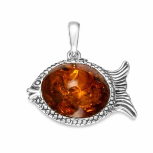 Maritimer Bernstein Anhänger Silber 925 Fisch Cognac mit echtem Ostsee-Bernstein; Ostsee Schmuck; Silberner Fisch mit Bernstein für Damen und Herren; Silberanhänger in Fisch-Form