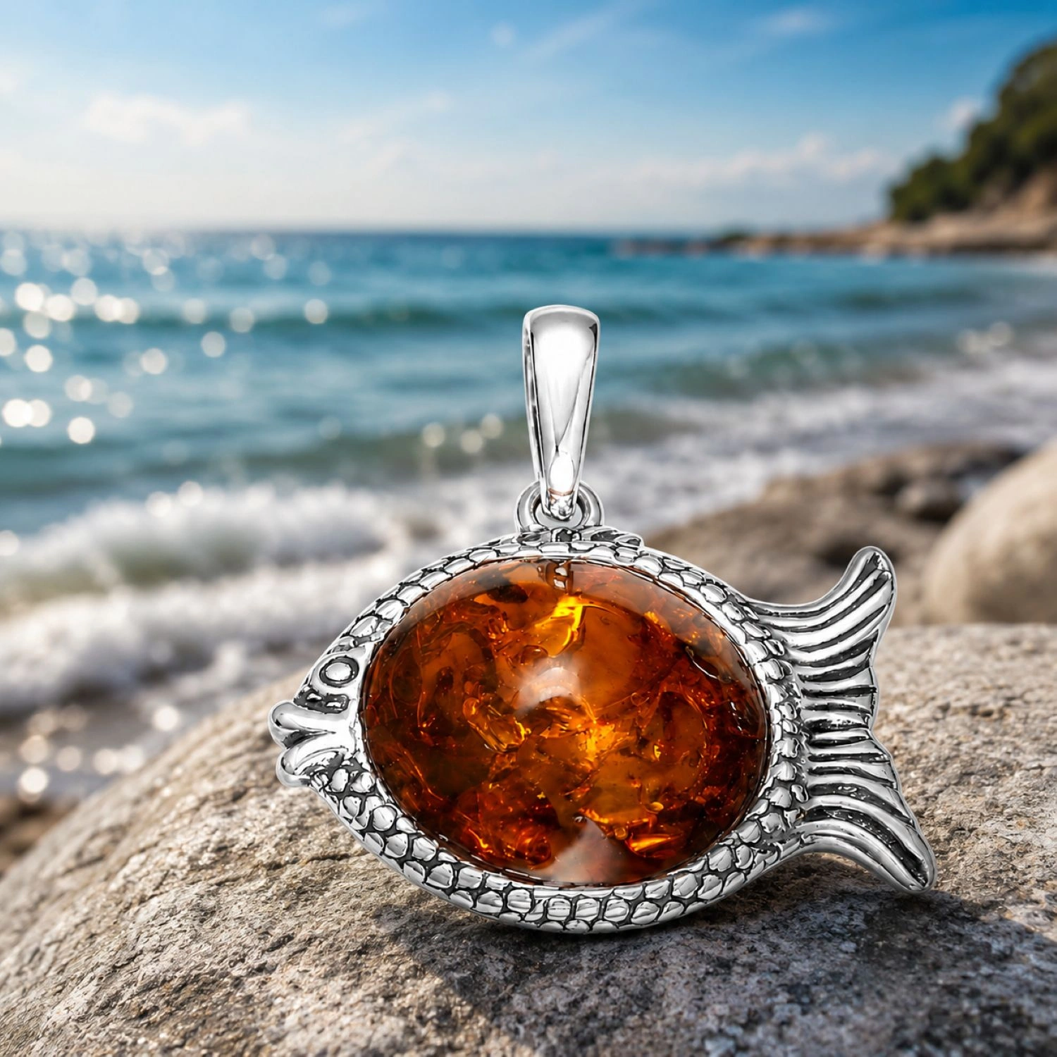 bernstein-anhaenger-silber-cognac-P522C-meer Maritimer Bernstein Anhänger Silber 925 Fisch Cognac mit echtem Ostsee-Bernstein; Ostsee Schmuck; Silberner Fisch mit Bernstein für Damen und Herren; Silberanhänger in Fisch-Form