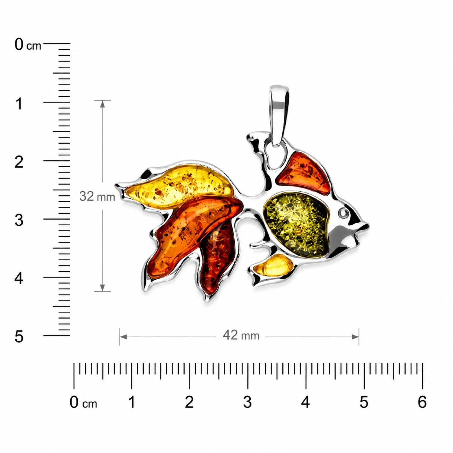 bernstein-anhaenger-silber-mix-N433PEN-goldfisch-linial Maritimer Bernstein Anhänger Silber 925 Goldfisch Mix mit mehrfarbigem baltischem Bernstein; Bunter Bernstein Fisch Anhänger; Multicolor Bernsteinschmuck