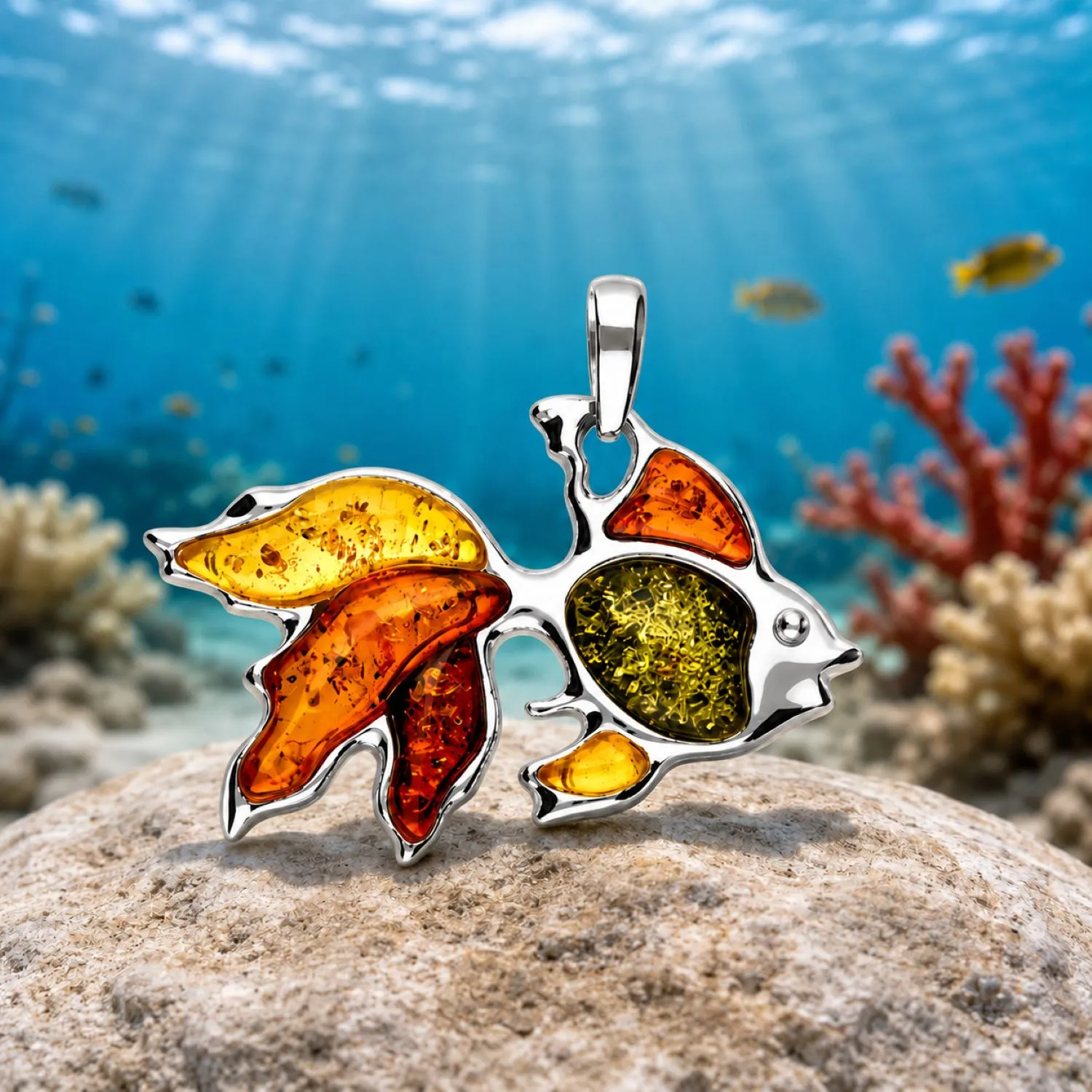 bernstein-anhaenger-silber-mix-N433PEN-goldfisch-meer Maritimer Bernstein Anhänger Silber 925 Goldfisch Mix mit mehrfarbigem baltischem Bernstein; Bunter Bernstein Fisch Anhänger; Multicolor Bernsteinschmuck