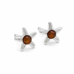 Maritimer Bernstein Ohrstecker Silber 925 Kleine Seesterne Cognac aus echtem baltischem Bernstein; Kleine Seestern Ohrringe Silber; Ostsee Schmuck für Damen; Ohrschmuck mit maritimem Motiv
