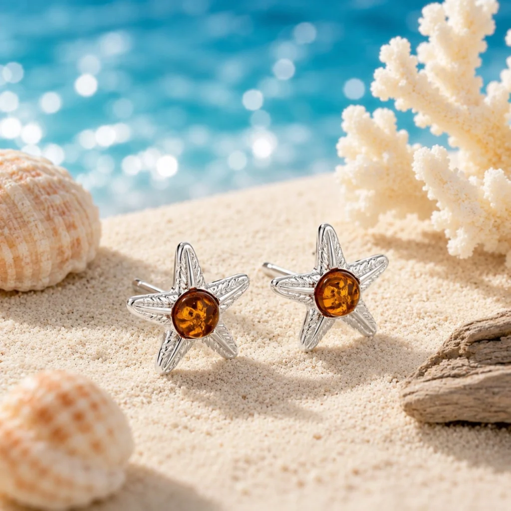 Maritimer Bernstein Ohrstecker Silber 925 Kleine Seesterne Cognac aus echtem baltischem Bernstein; Kleine Seestern Ohrringe Silber; Ostsee Schmuck für Damen; Ohrschmuck mit maritimem Motiv