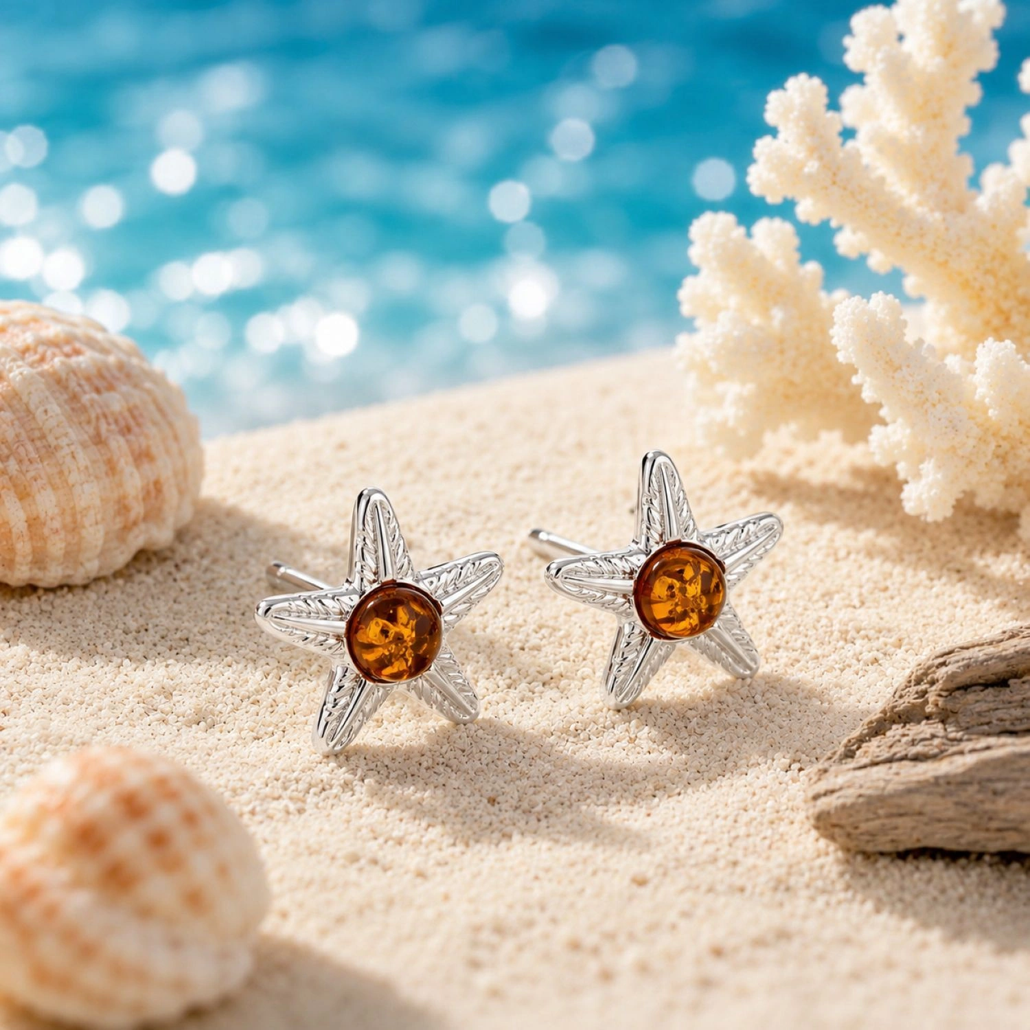 bernstein-ohrstecker-silber-kleine-seesterne-ABC0101-meer Maritimer Bernstein Ohrstecker Silber 925 Kleine Seesterne Cognac aus echtem baltischem Bernstein; Kleine Seestern Ohrringe Silber; Ostsee Schmuck für Damen; Ohrschmuck mit maritimem Motiv