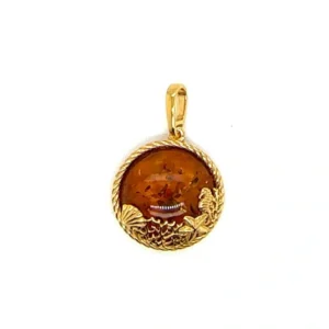 Maritimer Bernstein Anhänger Silber 925 vergoldet Meeresgold Cognac mit Seestern, Muschel und Koralle; Eleganter Kettenanhänger Meeresleben mit Bernstein; Ostsee Schmuck für Damen